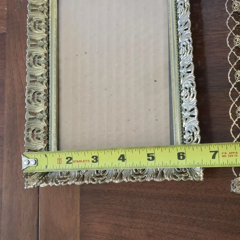 Vintage Ornate‎ Brass Photo Frame Set Gold Tone MCM Filigree Flowers Easel